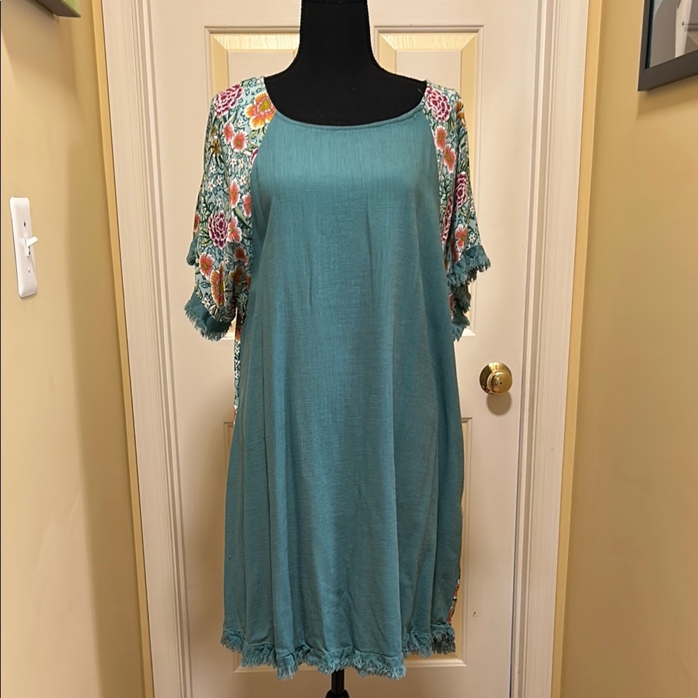 Umgee Teal Floral Mini Dress with Fringe Trim
